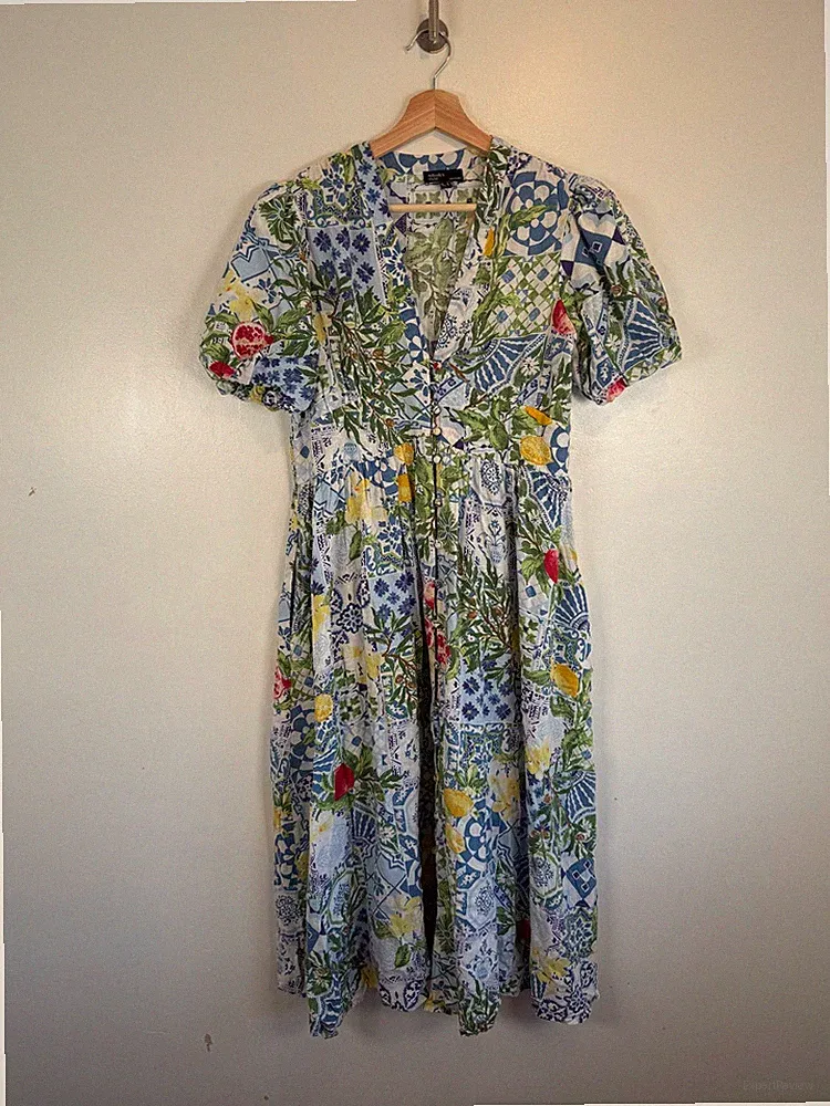 Nobodys Child Kleid Größe 10 blau Sternenlicht Midi Obst Blumen VNeck Puffärmel