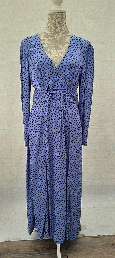 Nobodys Child Kleid Größe 14 blau schwarz lang V-Ausschnitt Langarm Schnürsenkel Schlitz