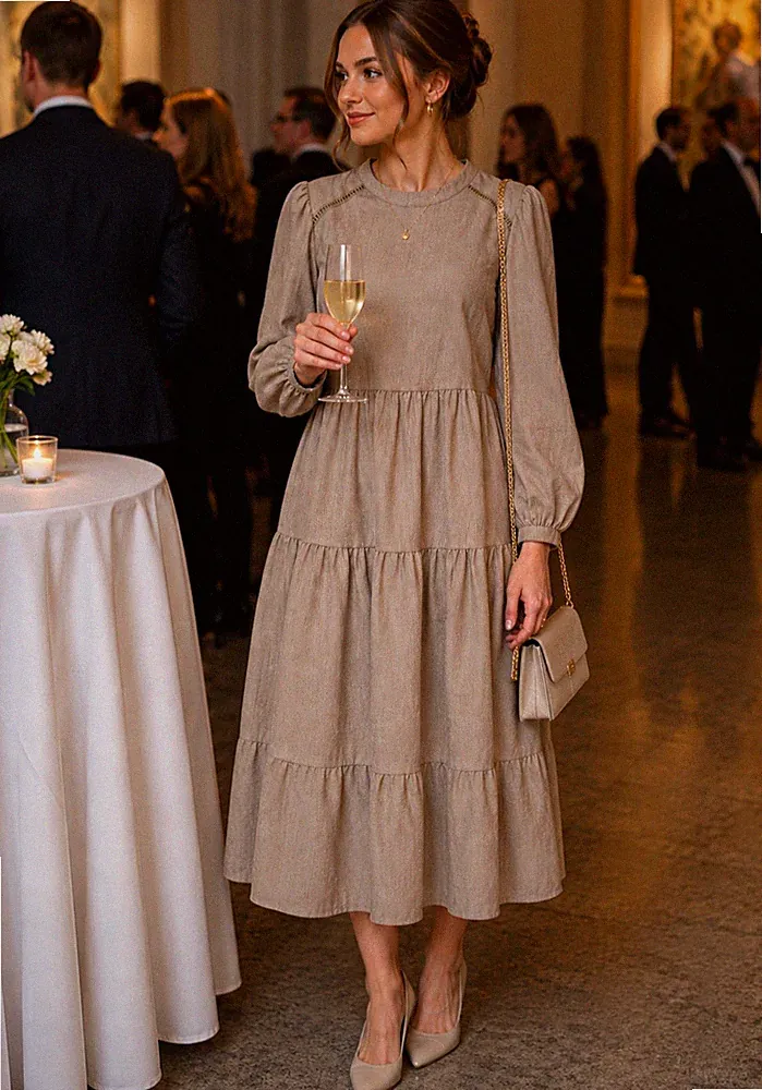 Noella Damen Midi Kleid S Beige kariert Langarm A-Linie Rundhals Rüschen