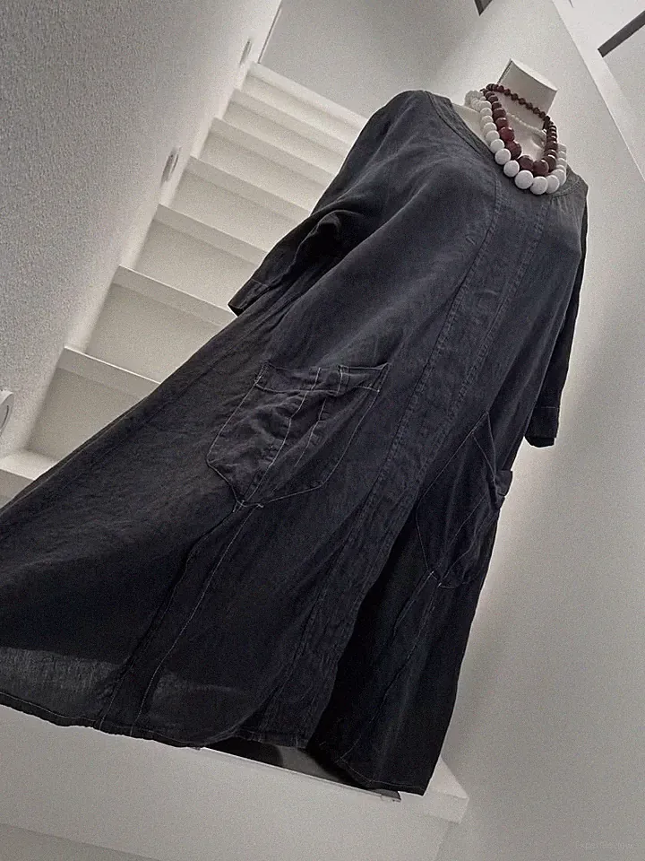NOOK ... Kleid Maxi Leinenkleid weite Curvy A-Linie dunkelgrau helle Nähte XXL