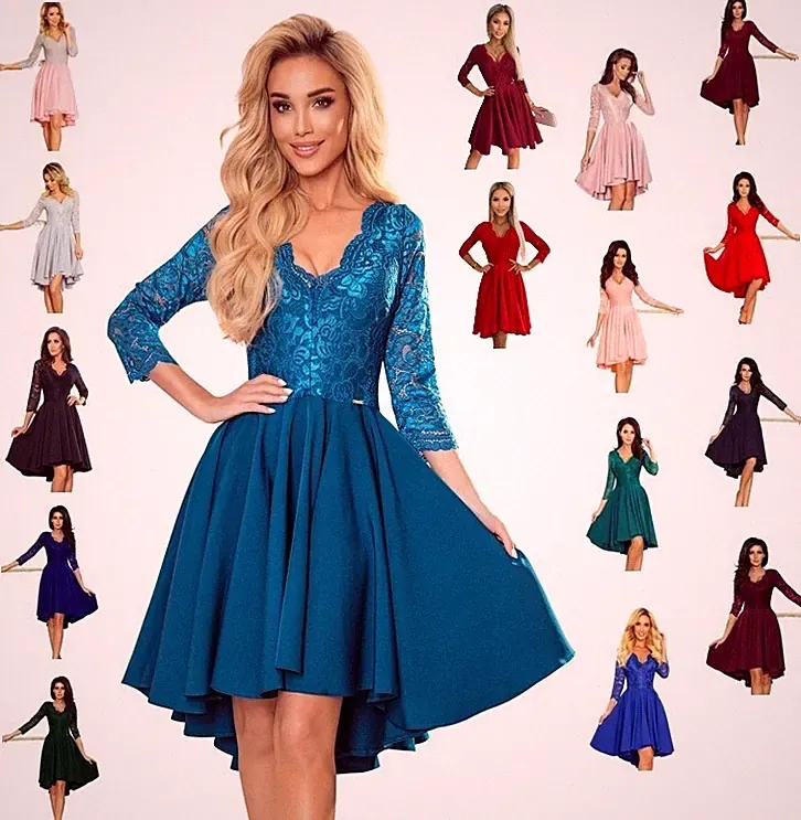 Numoco Kleid NICOLLE Abendkleid Spitze asymmetrisch figurbetont Ärmel 36-48