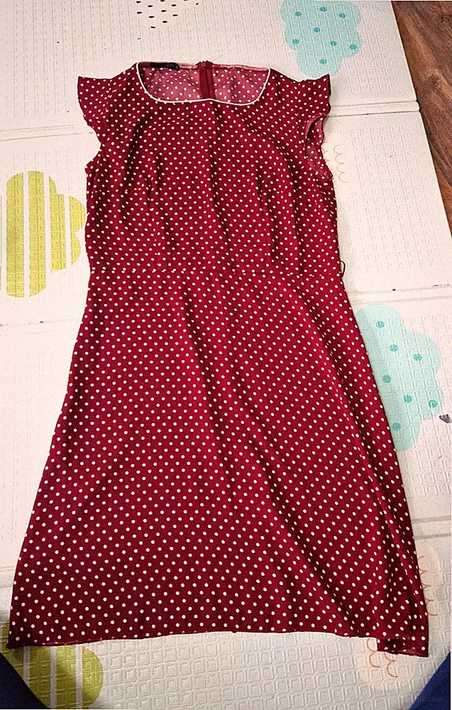 Nuna Lie Damenkleid M bordeaux weiß gepunktet A-Linie Kurzarm Rüschen RV