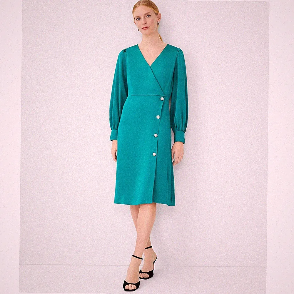 NWT Ann Taylor Größe 2 Grün Kristall Knopf Ärmellos A-Linien Wickel Midi Kleid