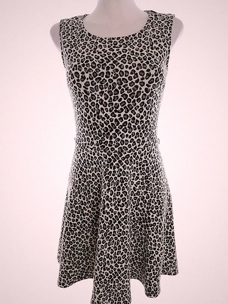 OASIS Damen A-Linien-Kleid Gr. XS Creme Acryl Ärmellos Leopardenmuster Knielang