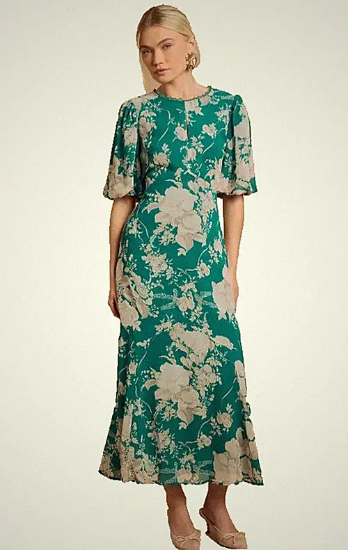 Oasis Größe 12 grün Puffärmel Spitzenbesatz gefüttert Tee Kleid Hochzeitsgast £65