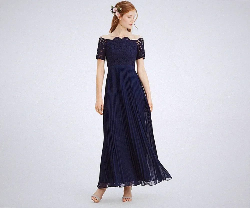 Oasis marineblau Spitze Bardot Plissee Maxikleid UK 10 formell Hochzeit Gast Brautjungfer