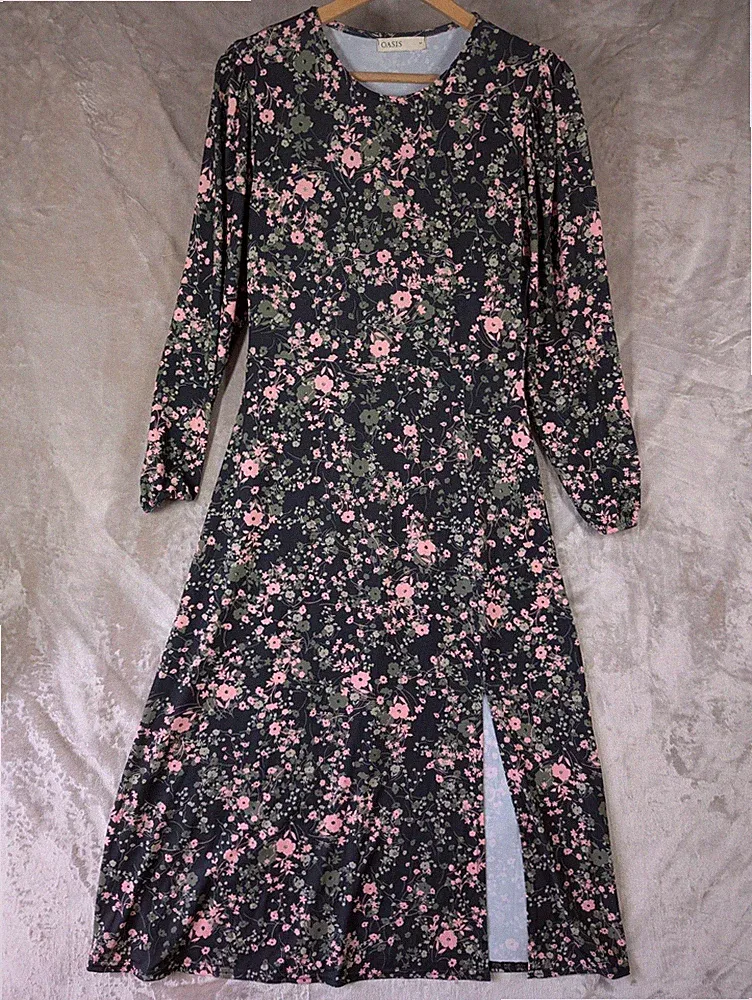 Oasis Midikleid Damen M schwarz rosa Blumen Langarm Seitenschlitz Stretch Casua
