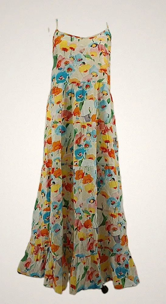 Object Damen Kleid Gr.38 Weiß Blau Orange Gelb Floral Maxi A-Linie Tailliert