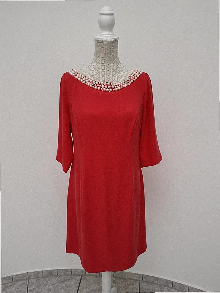 ODR Haute Etuikleid Rot Gr. 42 V-Ausschnitt 3/4 Ärmel Perlen Strass