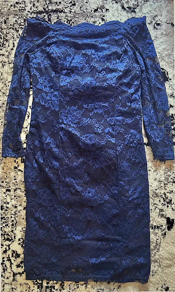 🔥Off Shoulder Kleid M Royalblau Spitze Midi Länge Damenkleid Etui
