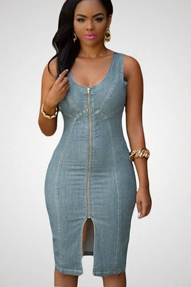 Offenes Kegelkleid Tailliert Jeans Zip Schlitzausschnitt Midi Denim Bodycon Dress L