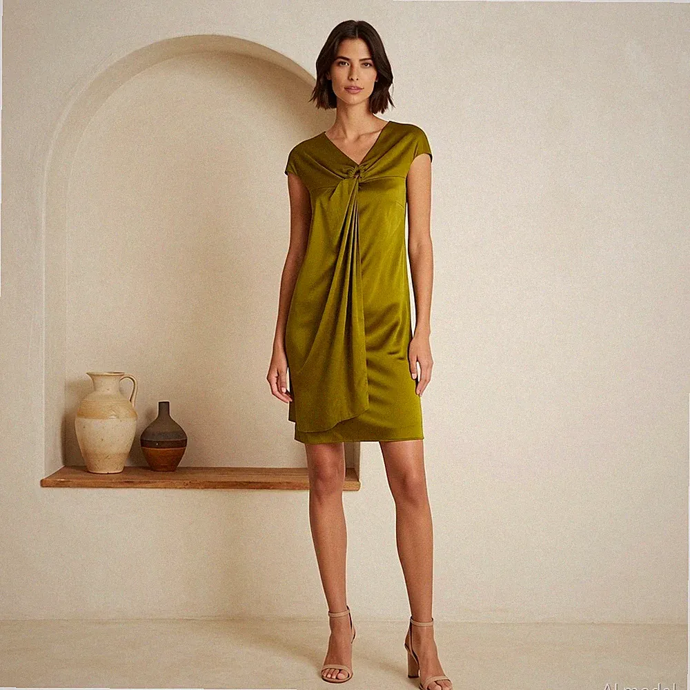 Oliv Kleid JUST TAYLOR Gr. 36 Midi Etuikleid V-Ausschnitt Gerafft Cocktail