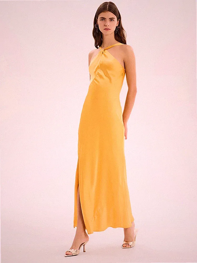 Omnes Alessia langes Satin-Maxikleid mit Schlupfschal gelb UK 12 ** UVP 89 £ **