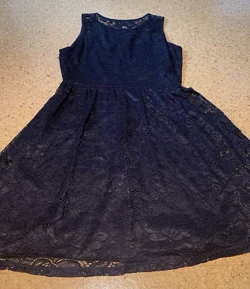 ONLY Damen A-Linien-Kleid L Blau Spitze kurz ärmellos Blumen Abendkleid, Abtanz
