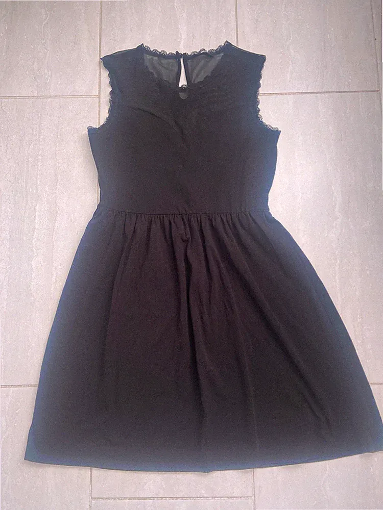 Only Damen A-Linien-Kleid Schwarz Ärmellos Spitze Kurz Unifarben Gr. L