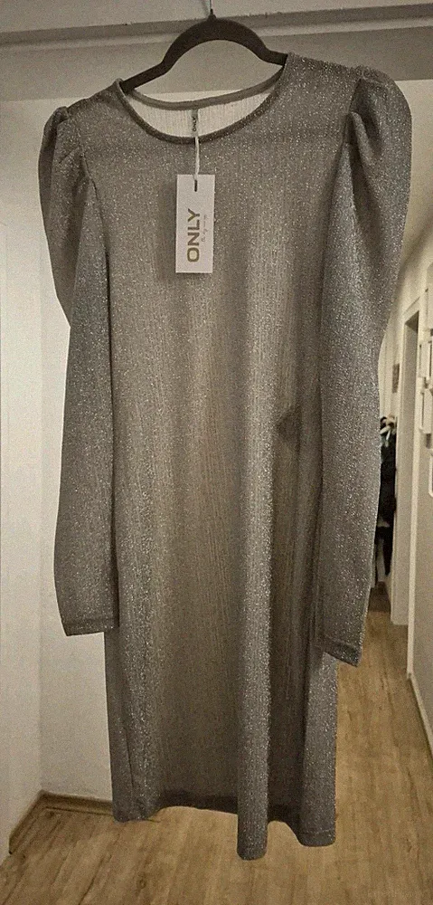 ONLY Damen Etuikleid Silber Glitzer Gr. L Langarm Rundhals Puffärmel Midi