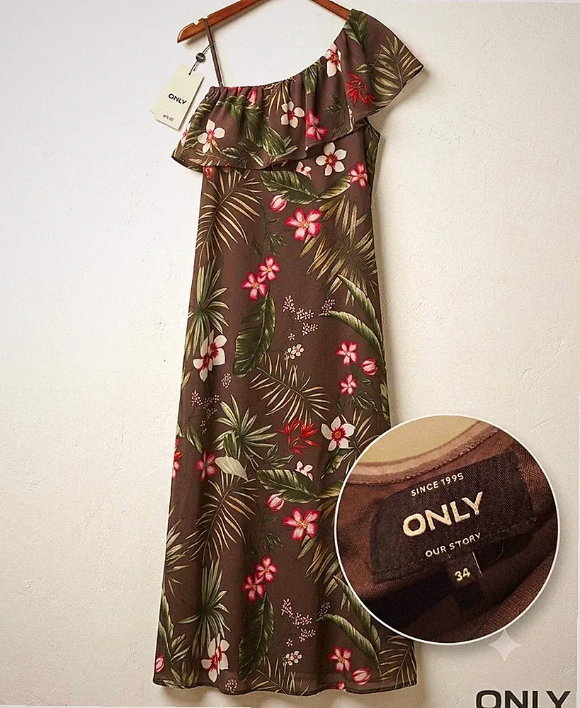 ONLY Damen Kleid Gr. 34 Grün Blumen Carmen-Ausschnitt Rüschen Kurzarm A-Linie