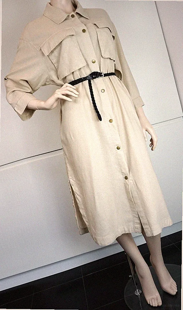 ONLY Damen Kleid Leinenkleid Boho Cargo Tunika A Linie Maxikleid Blogger Gr M