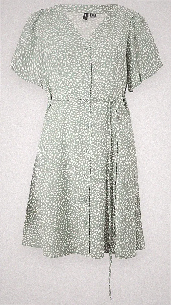 ONLY Damen Kleid M grün/weiß gepunktet A-Linie kurz V-Ausschnitt Knopf Gürtel