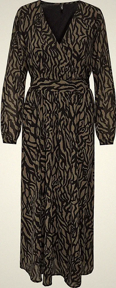 ONLY Damen Maxikleid M Grau Print V-Ausschnitt Langarm A-Linie Regular Fit
