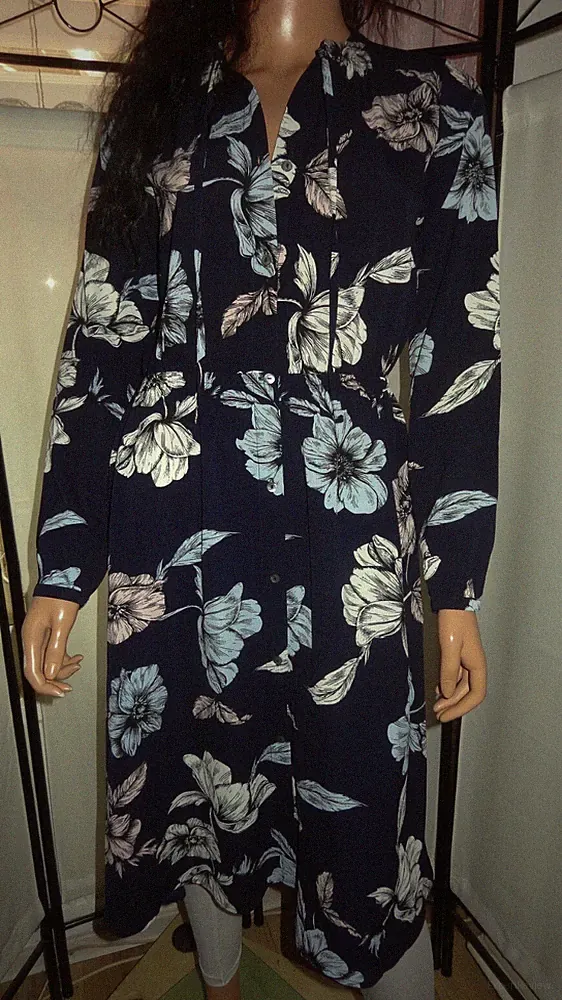 Only Elegantes Kleid Blau Blumen-Muster elastischer Taillenbund Gr 36
