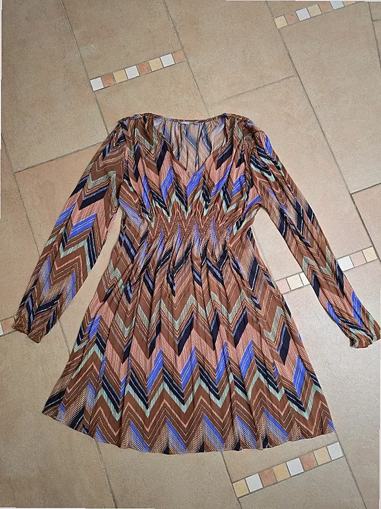 ONLY, Kleid, Größe: L, Braun/Mehrfarbig, V-Ausschnitt, Chevron, Damen #W3w