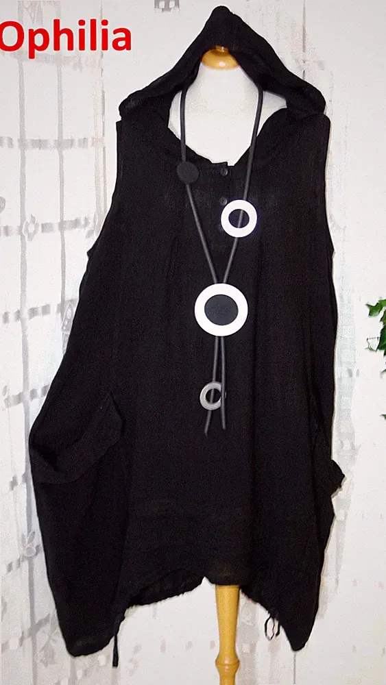 OPHILIA Designer KLEID Gr. 5 50 52 schwarz Kapuze Taschen A Linie hinten länger