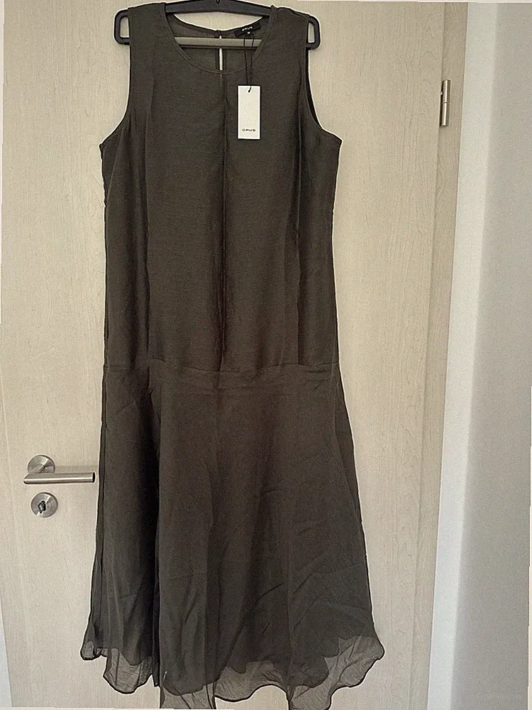 OPUS Damen Midi Kleid Gr. 38 grau unifarben A-Linie ärmellos Reißverschluss