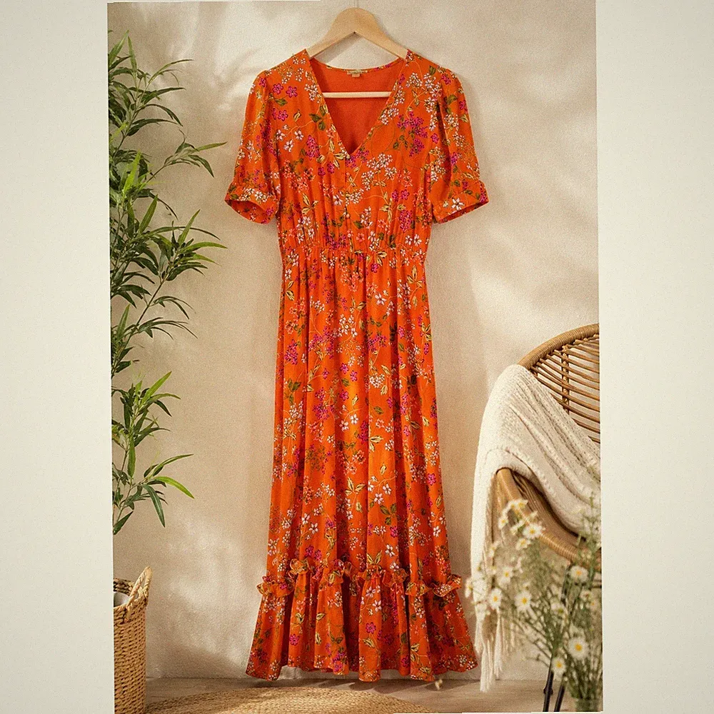 Orange Floral Midi Dress Womens Size 10 Ruffle Hem Wedding Guest Vacation