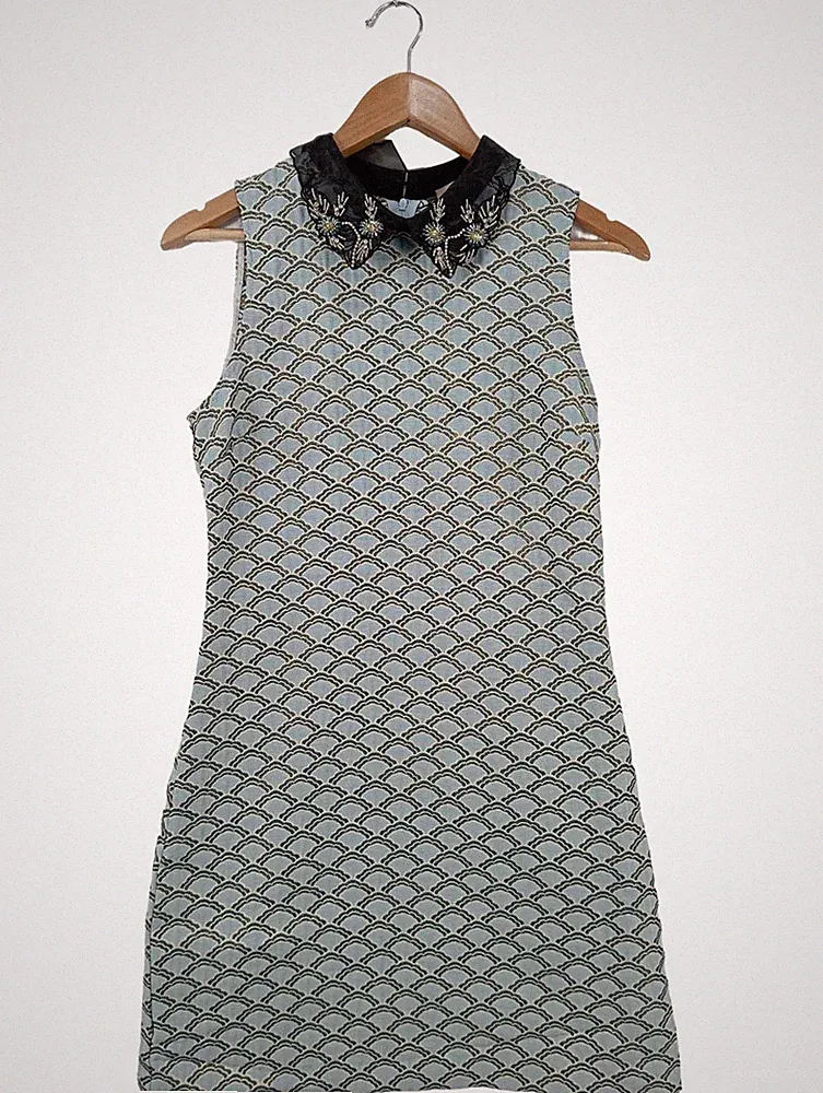 ORSAY A-Linien Kleid Damen Kleid Gr. DE 36 blau-goldfarben-weiß Elegant