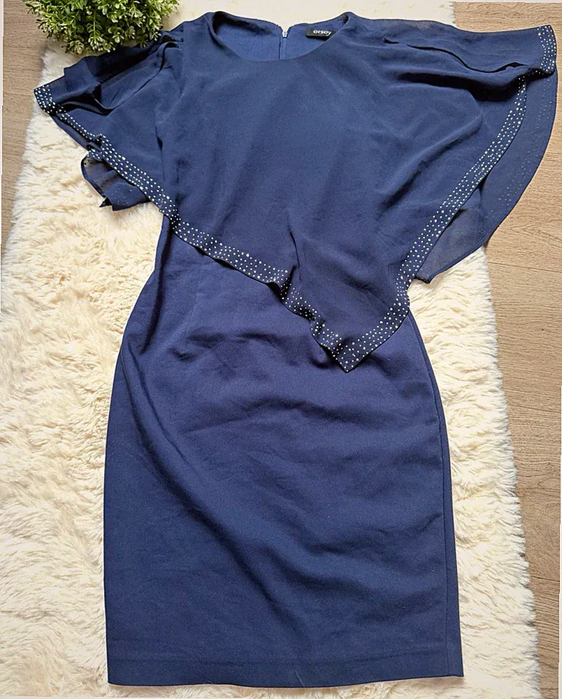 ORSAY Damen Etuikleid Blau knielang Kurzarm Fledermausärmel Strass RV Gr. 32