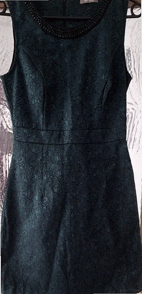 Orsay Damen Etuikleid Größe 36 dunkelgrün mit Perlen und Blumenmuster