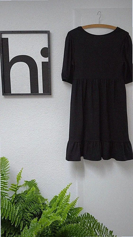 ORSAY Damen Kleid A-Linie Schwarz Gr. 38 kurz 3/4 Puffärmel Rüsche Schleife