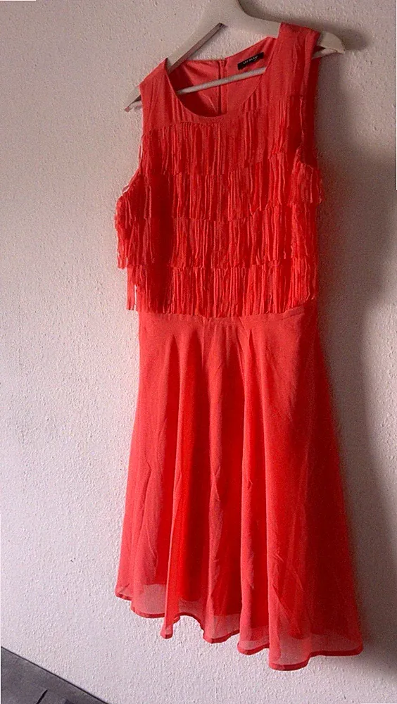 ORSAY Damen Kleid Koralle Chiffon A-Linie knielang Fransen Rundhals Gr. 38