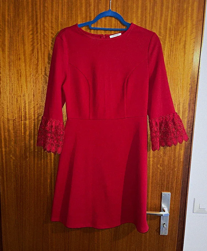 ORSAY Damen Kleid Kurz A-Linie Rot Spitze 3/4 Arm Rundhals RV Gr. 38