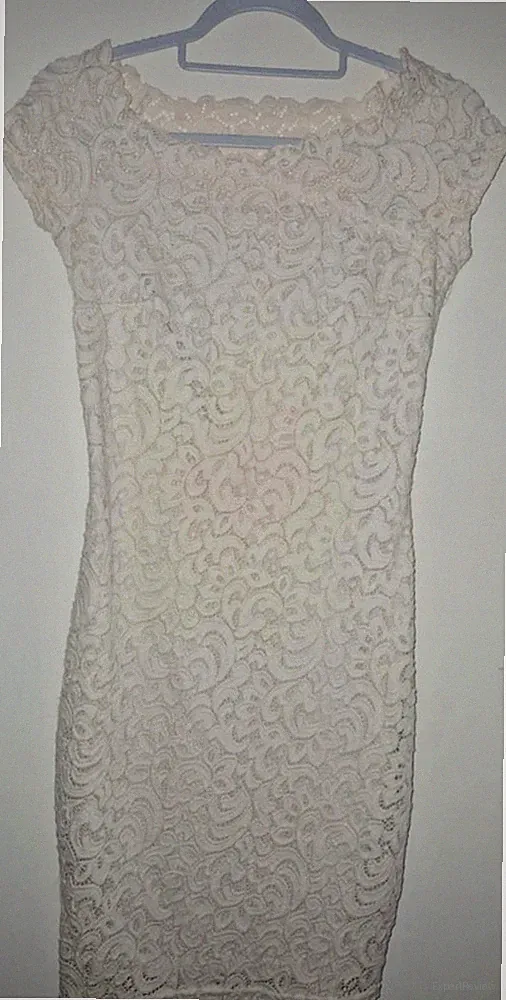 ORSAY Etuikleid Beige Spitze Gr. 38 knielang Rundhals Kurzarm