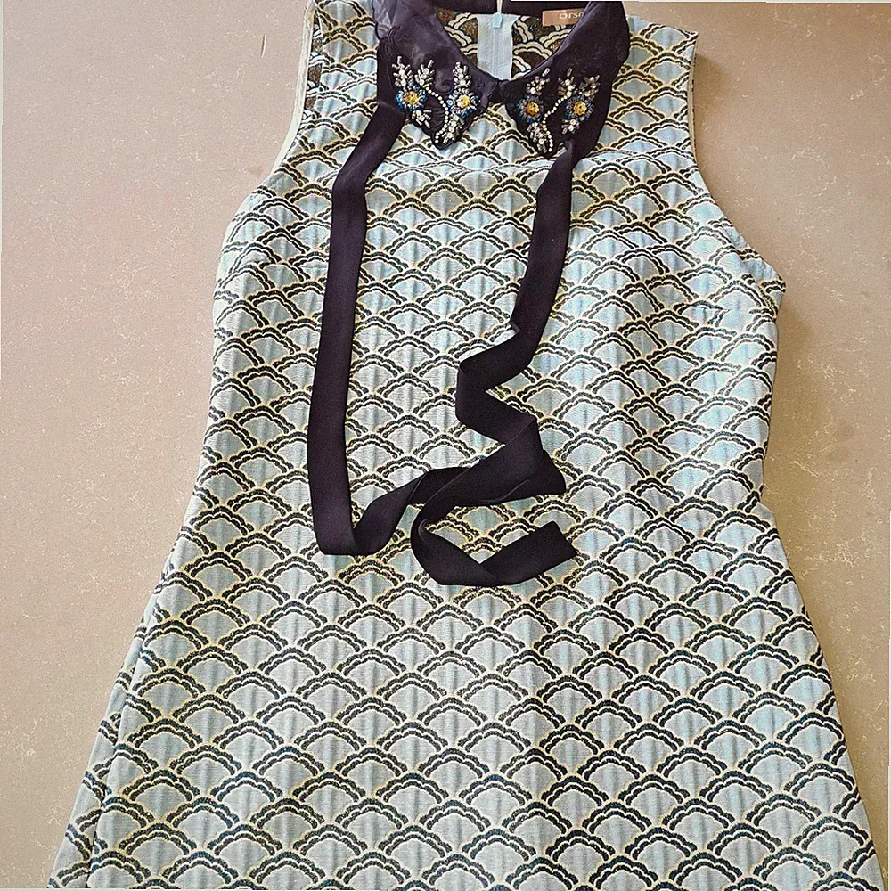 ORSAY Etuikleid Damen Gr.34 ärmellos blau/schwarz geom. Perlen Schleife