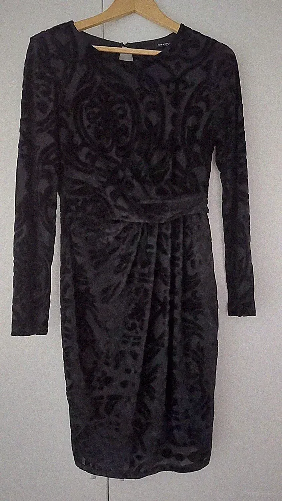 ORSAY Etuikleid schwarz Paisley Rundhals Langarm knielang Wickeloptik Gr.40