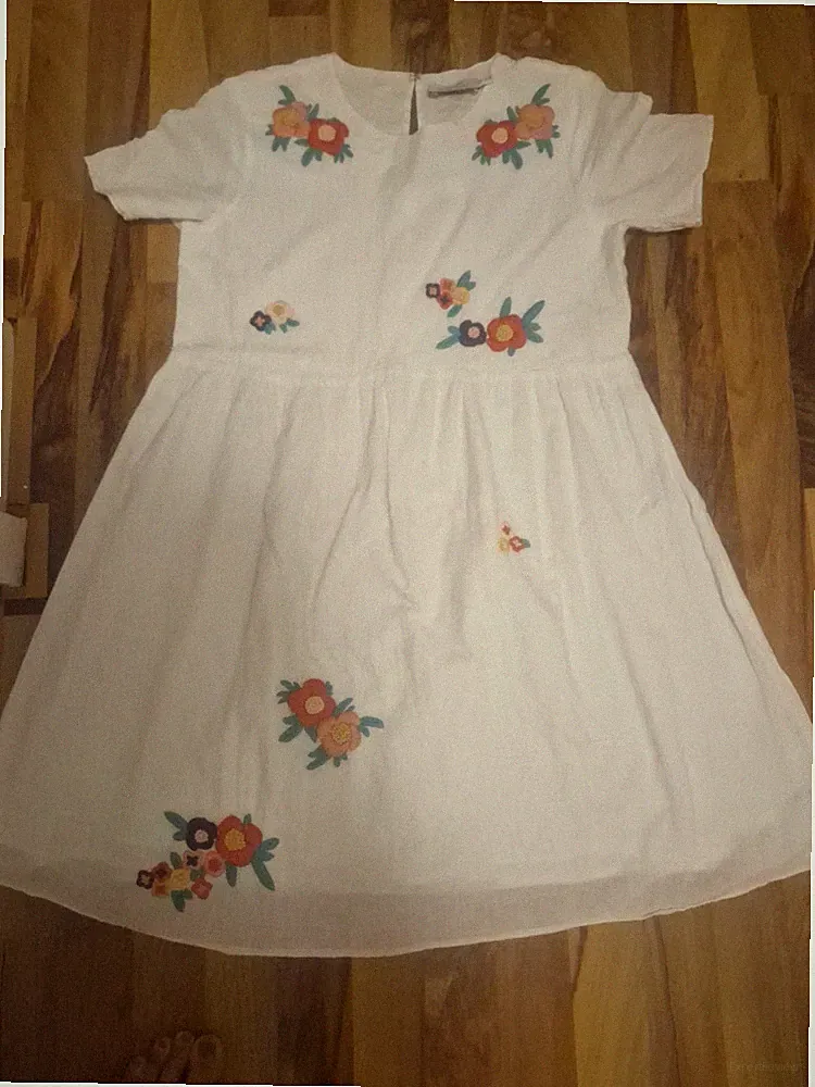 & Other Stories Damen A-Linie Kleid 34, Blumen bestickt, Kurzarm, weiß, knielang