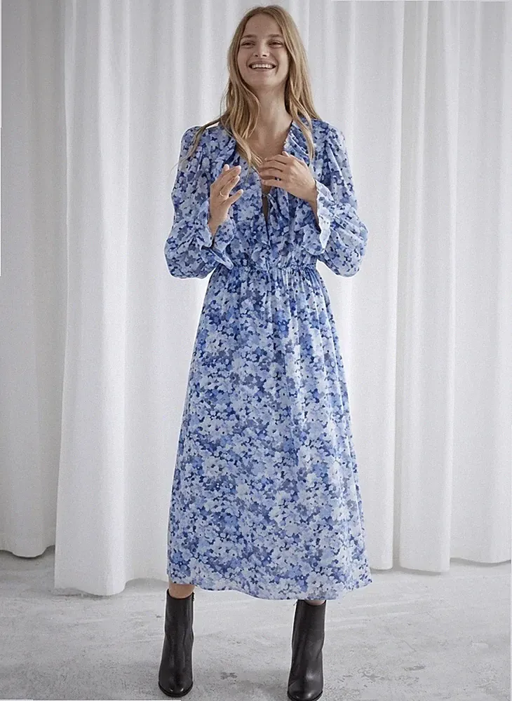 🌿 & other stories romantisches Boho Volants Midikleid Blau Hochzeitsgast XS