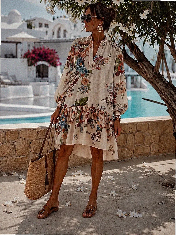 Oversize Boho Tunika Kleid Beige Floral Transparent Ibiza Sommer Look XXL Style