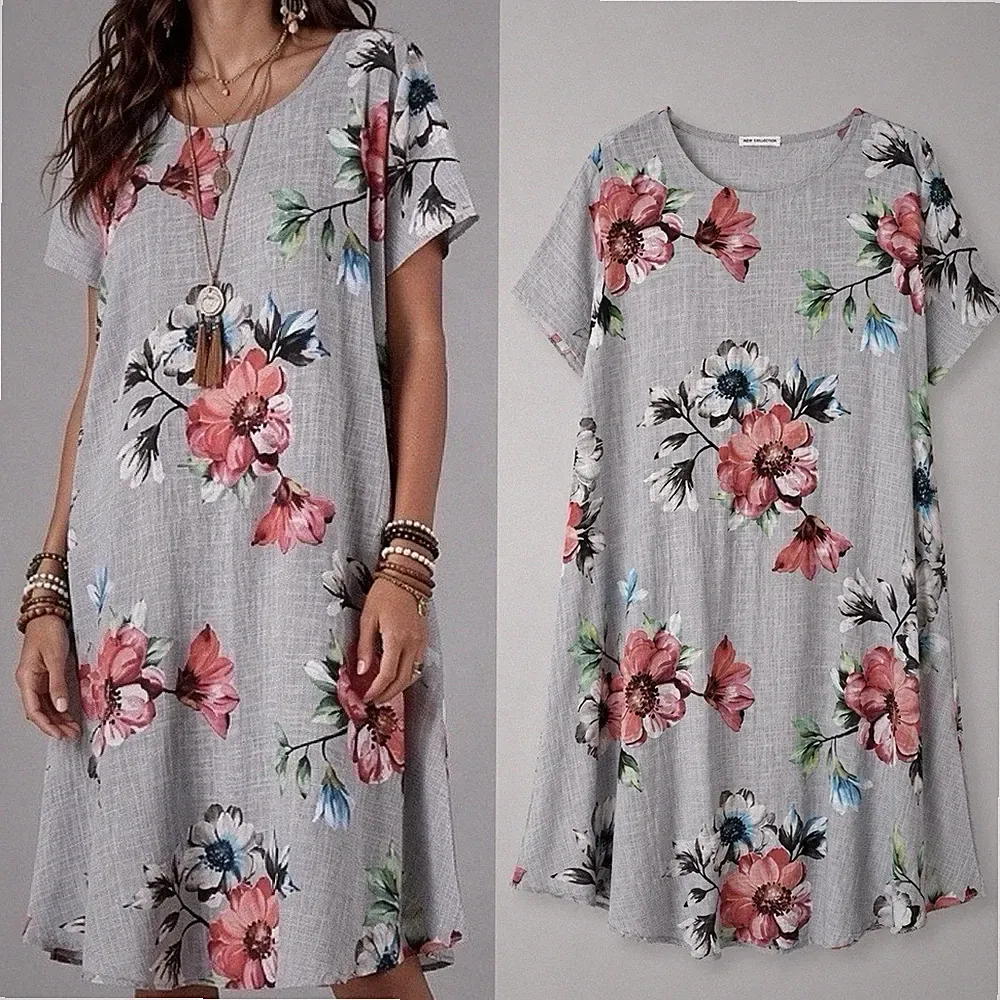 Oversize Kleid Grau Midi Neu 38 40 42 Geblümt Boho Neu Tunikakleid A Linie
