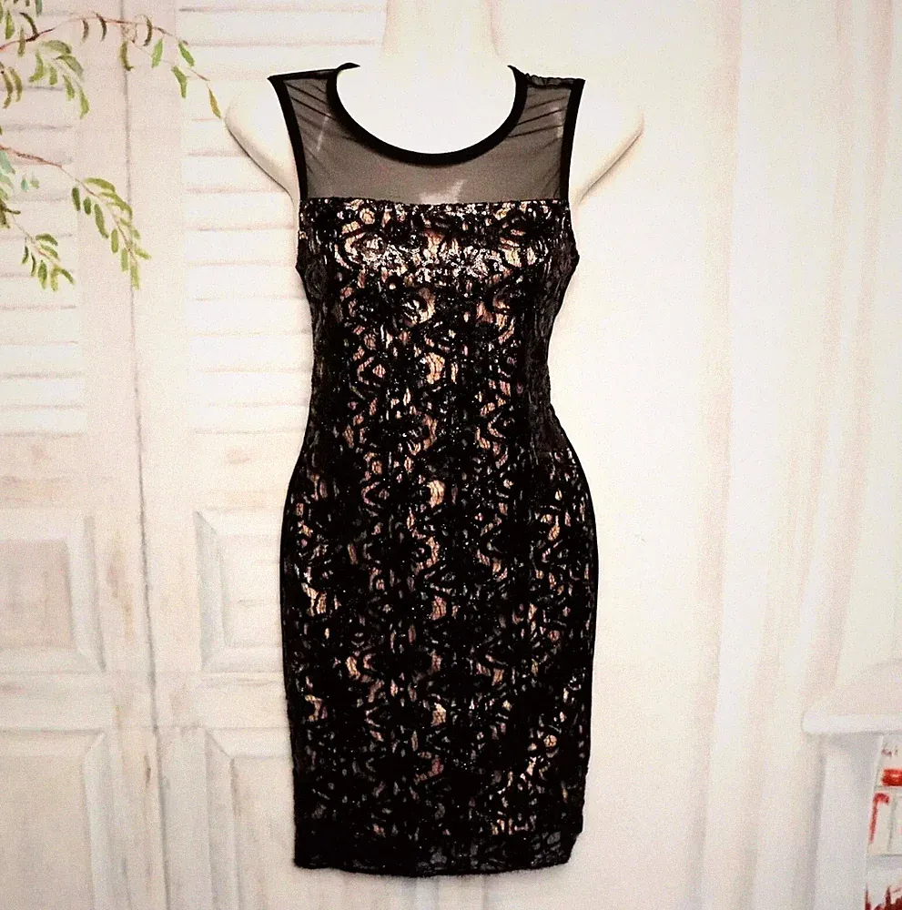 Pailletten Spitze Stretch Bodycon Etui Kleid Party Club Coktail Schwarz S 34 36