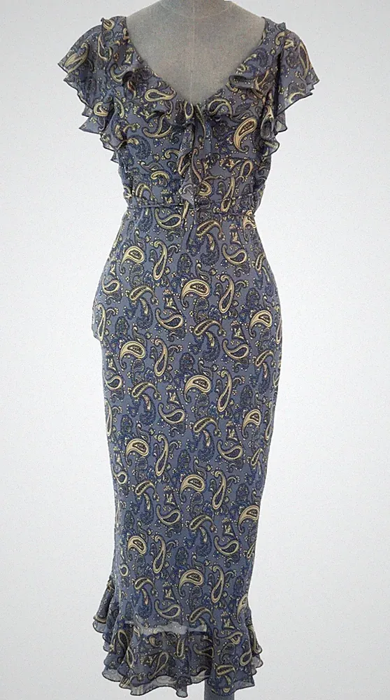Paisley Kleid Midi Hochzeit Gast Blau Meerjungfrau Rüschensaum Retro Style Gr. UK 8