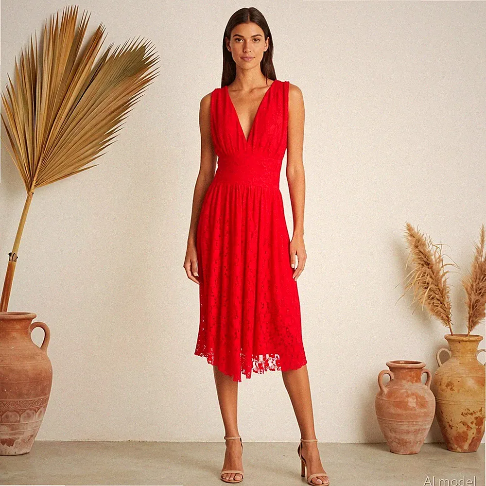 Party Romantik Midi Kleid Rot Spitze A-Linie V-Ausschnitt Ärmellos Gr. 38