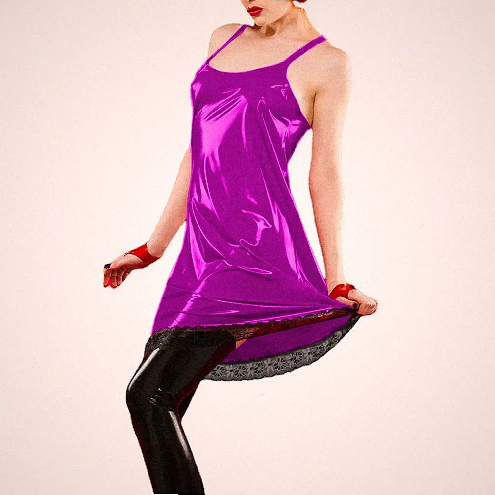 Party Sexy PVC Leder Kleid Spaghetti-Träger Kleid A-Linie Clubkleid