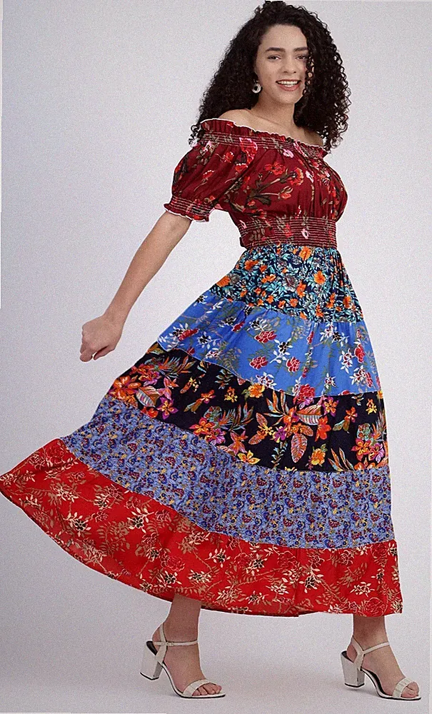 Patchwork Bardot Kleid Stufen leicht Schulterfrei Blumenmuster Gr 8 10 12 14 16