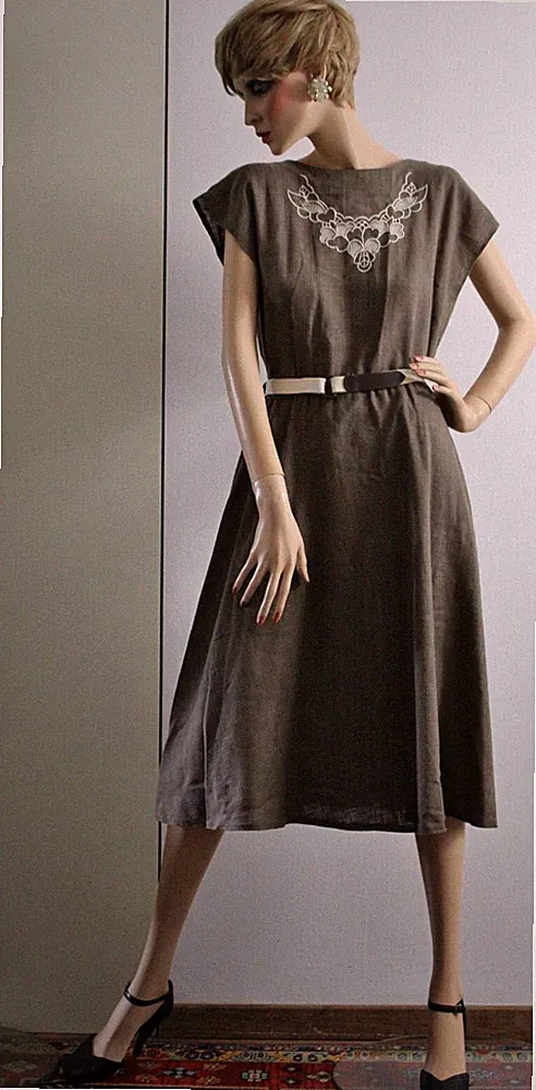PEGGY LANE W-Germany Vintage Shirt Blusen kleid 38 Canvas Netz Mocca A-Linie
