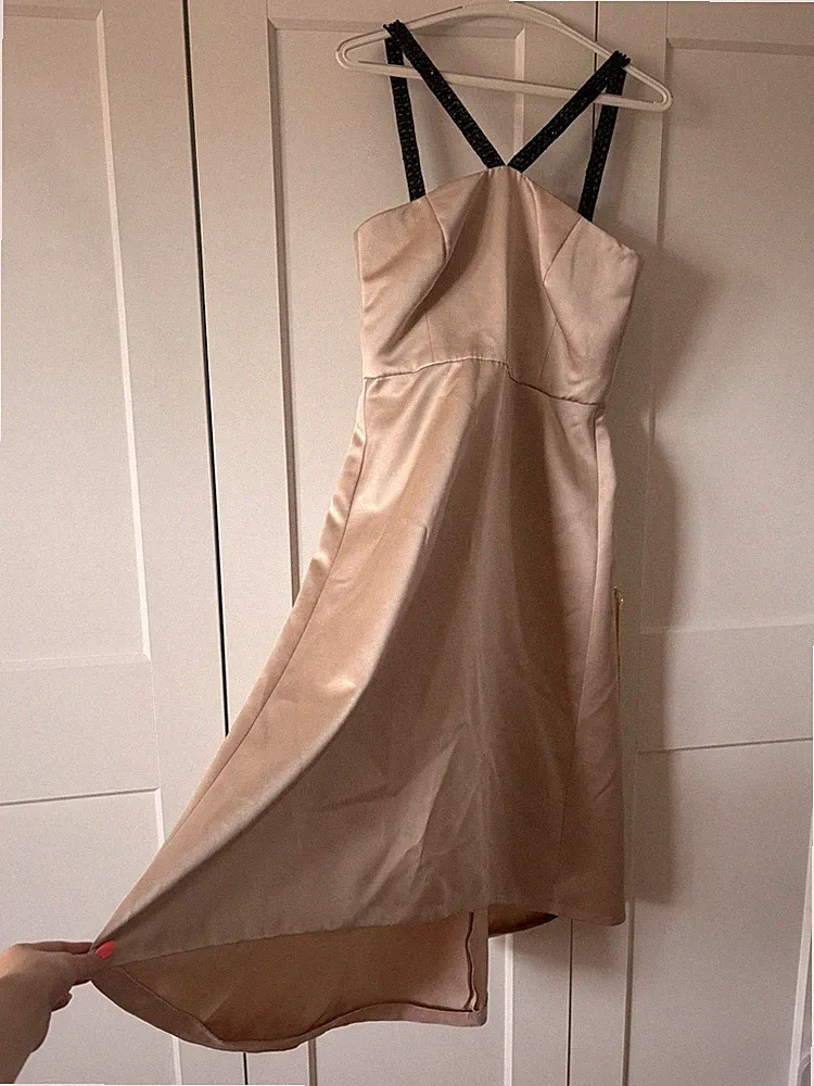 Pennyblack Damen Satin Kleid 38 beige Midi A-Linie Reißverschluss