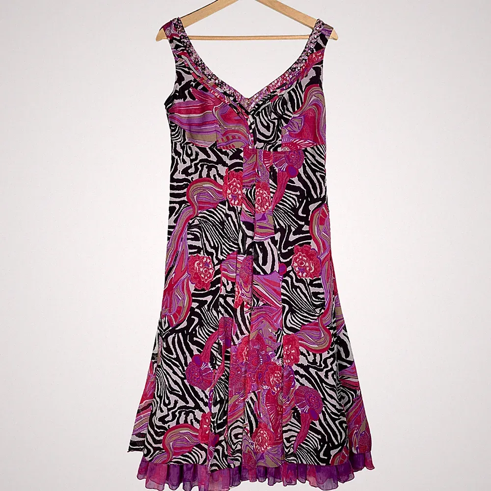 Per Una Kleid Gr. UK 12 Rosa Abstrakt Wellen Zebramuster Pailletten Rüschensaum Party